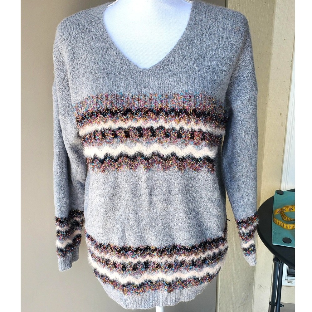 Oliver by Escio Sweater Women M Gray Pink Tinsel Fuzzy Glam Pullover V Neck